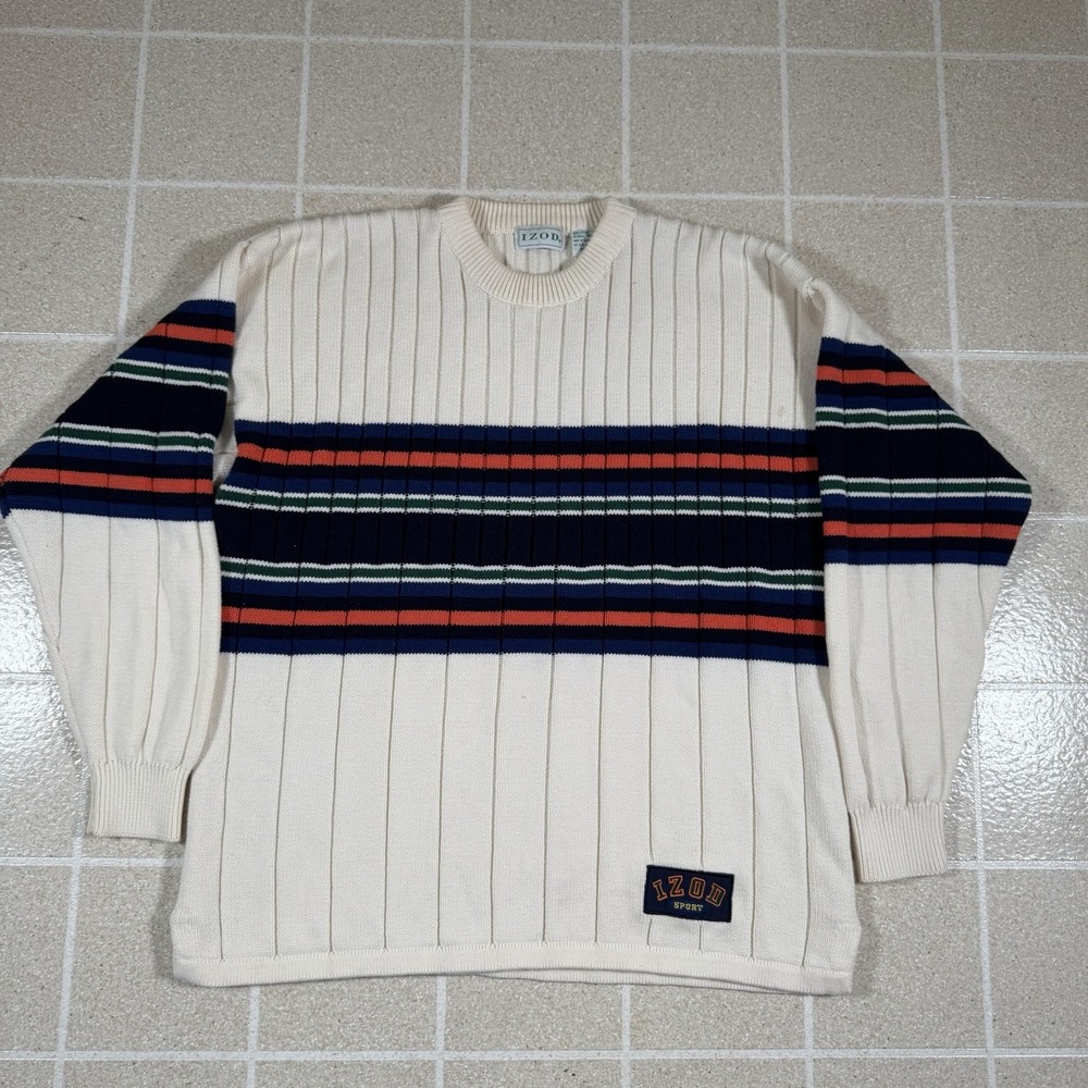 Vtg 90s IZOD Sport Striped Crewneck Cable Knit Sweater Sz M Cream Preppy Chunky